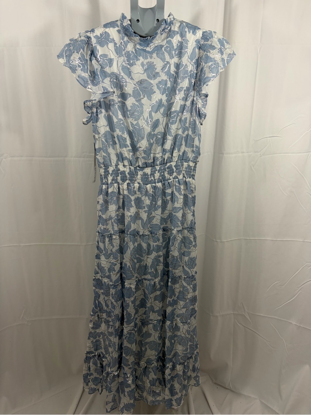 NWT MSK Petite Women’s Size Petite Large Blue Floral Tie-Neck Ruffle Maxi Dress - Picture 7 of 8